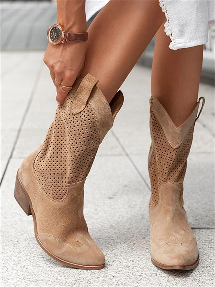 Botas estilo vaqueri con puntera fina y detalles perforados – JOLAYA