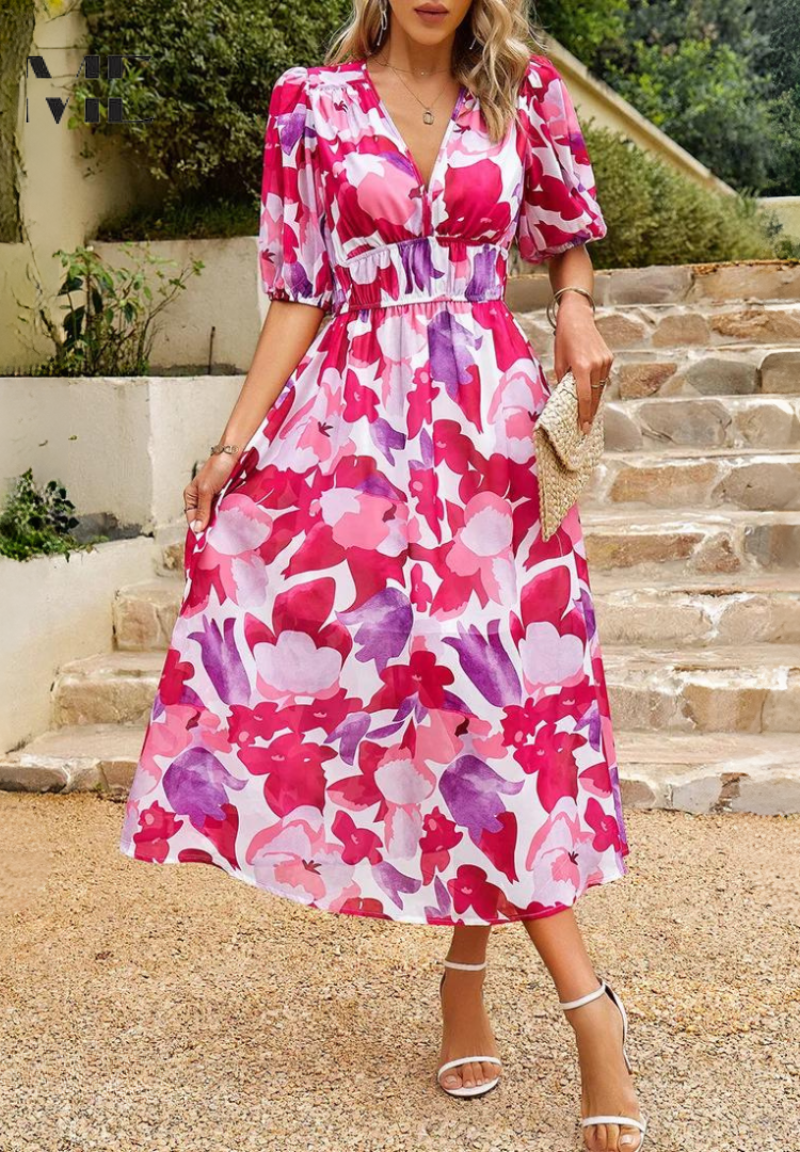Florelle – Vestido midi floral con escote en V para invitada de boda