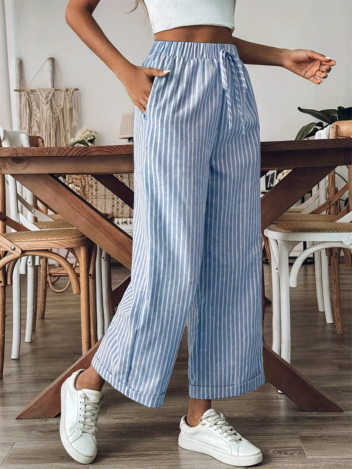 Pantalón recto de rayas con cintura elástica para mujer – LEONA