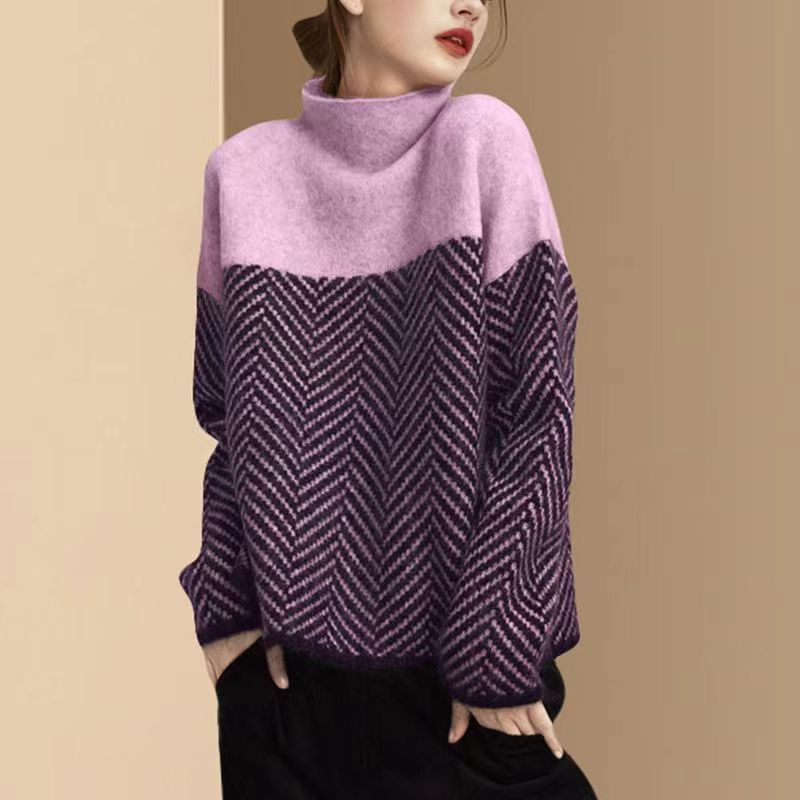 DORY - Suéter de cuello alto bicolor de algodón para mujeres