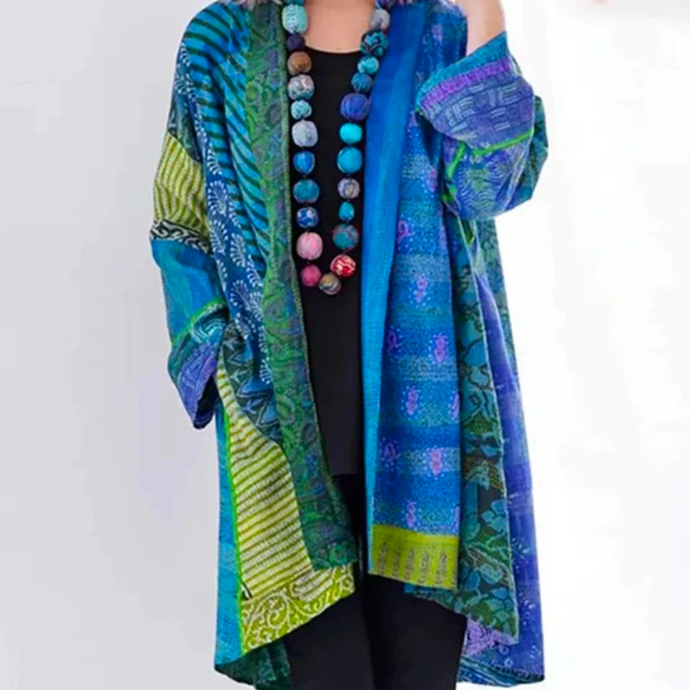 Kimono largo fluido con estampado étnico colorido para mujer – INDRA