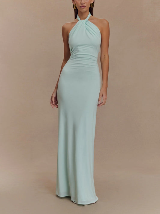 Vestido largo halter para mujer con espalda descubierta y cintura entallada – KAROLAYA