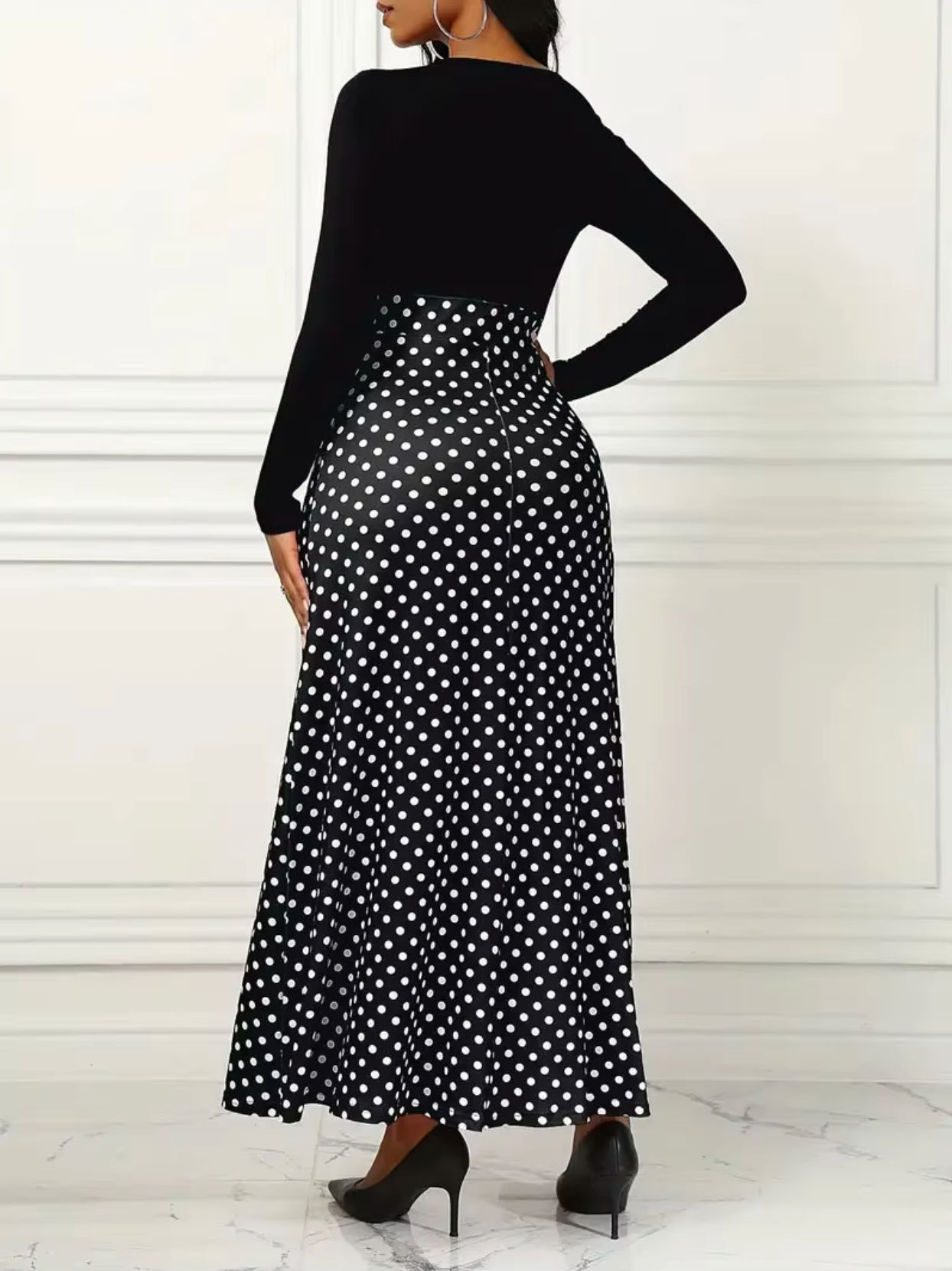 INES - Vestido maxi con estampado de lunares para mujer