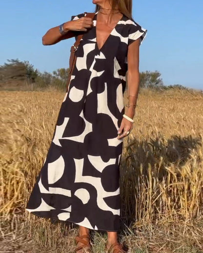 Vestido amplio con estampado gráfico y escote en V para mujer – MAËRYS