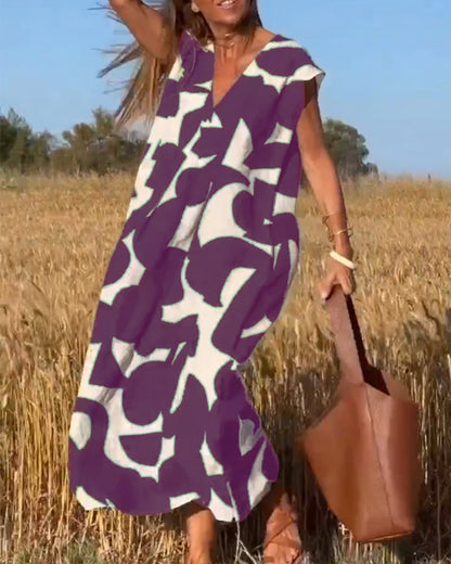 Vestido amplio con estampado gráfico y escote en V para mujer – MAËRYS