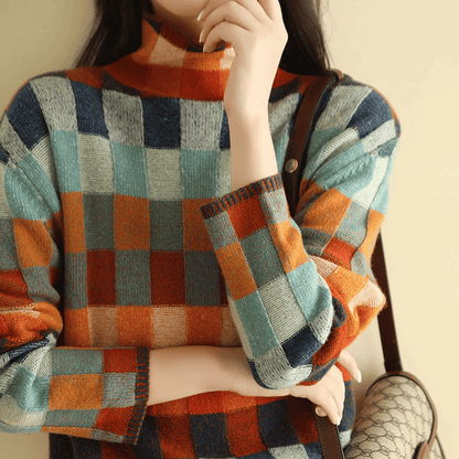 LYNAIRA – Jersey de mujer con cuello alto y estampado de cuadros