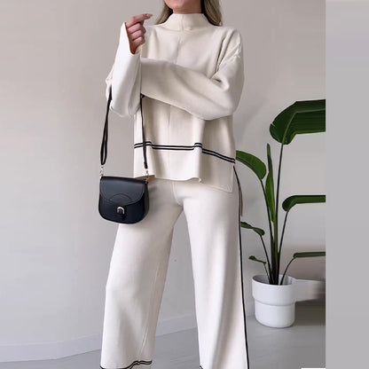 Ivet - Conjunto Holgado de Dos Piezas Sueter y Pantalon Traje Con Diseño Cómodo con Top Informal de Color Liso Primavera Verano Para Mujer