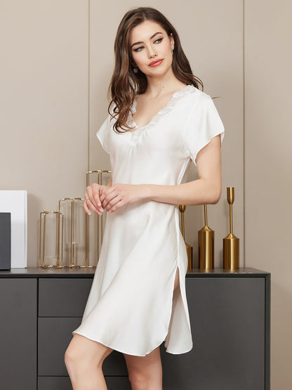 HYDEE – Elegante pijama de seda con encaje y abertura para mujer