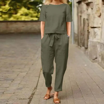 Conjunto de lino para mujer con top y pantalón fluido – CHARISE