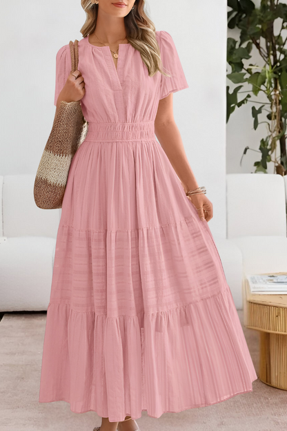 Elena – Vestido maxi con cintura fruncida y mangas cortas para mujer