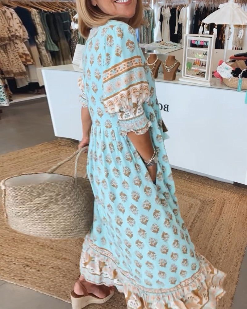 Vestido largo boho con estampado étnico y escote en V – INDRA