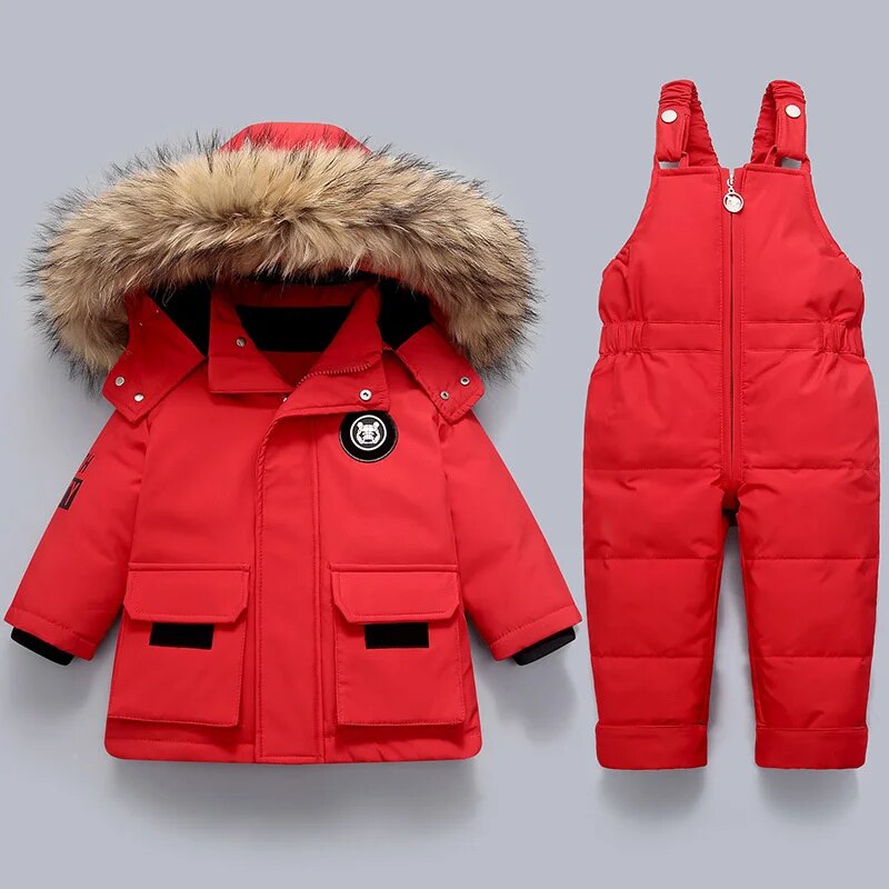 LUKA - Conjunto de invierno para niños con capucha de piel sintética y mono de esquí para niños y niñas