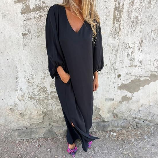 Vestido largo fluido con escote en V y mangas abullonadas – ODESSA