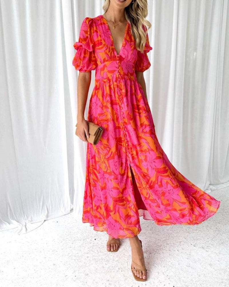Eterna – Vestido de verano con escote en V y mangas abullonadas para mujer
