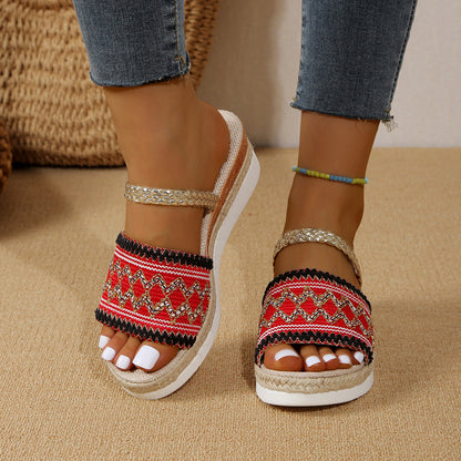 Lina - Sandalias de Cuña de Verano con Diseño de Ondas en Bloques de Color | Zapatillas de Estilo Étnico para Mujer