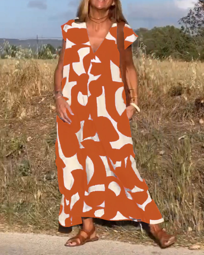 Vestido amplio con estampado gráfico y escote en V para mujer – MAËRYS