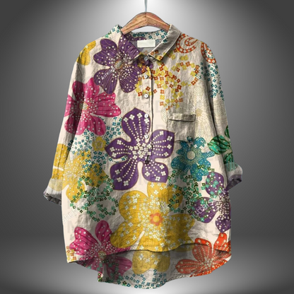 Blusa holgada de mujer con estampado artístico y cuello – ORSOLYA
