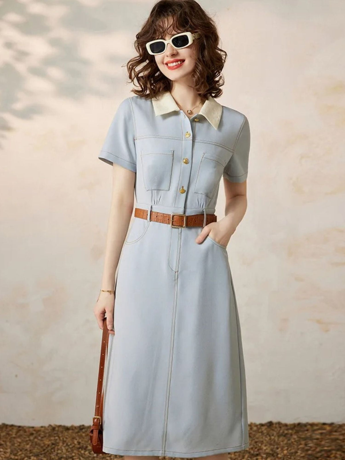 Vestido camisero de mujer con cintura marcada y manga corta – CASILDA