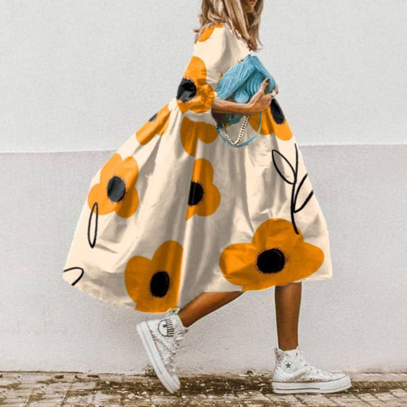 Vestido midi holgado de mujer con mangas abullonadas – MARGARITA