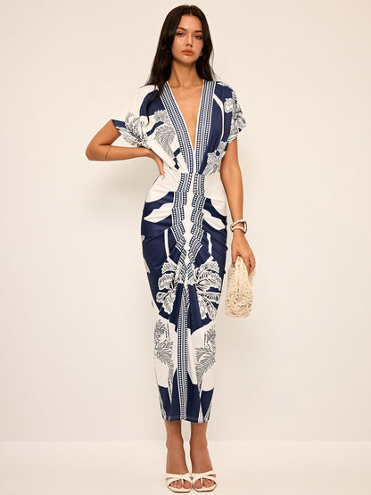 Vestido midi estampado con escote en V sin cinturón – LUMINA