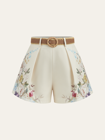 Pantalones cortos de talle alto con cinturón y estampado floral – ARIA