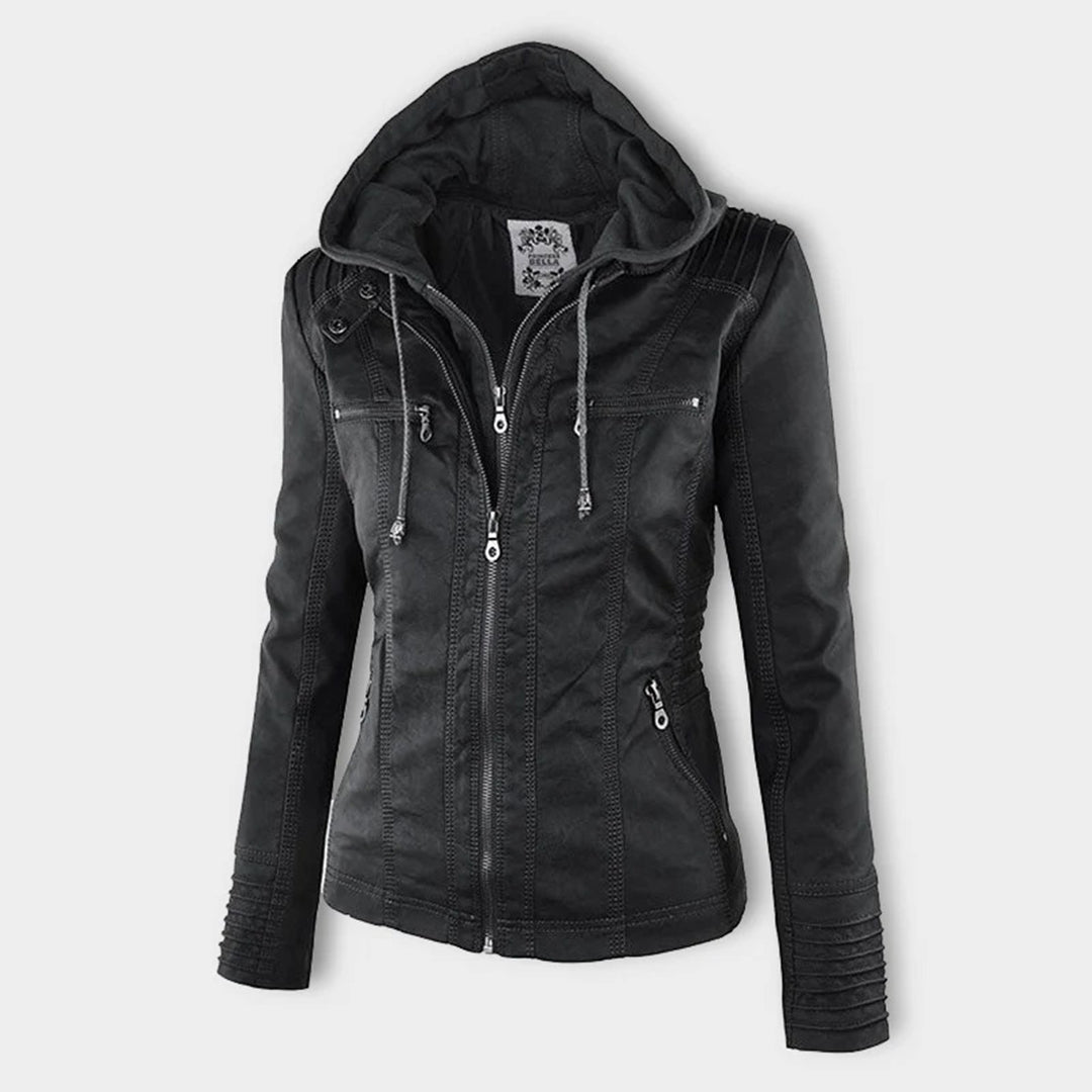 Chaqueta impermeable de imitación cuero para mujer con capucha – LEYRA