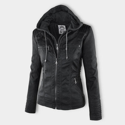 LEIGH – Chaqueta de cuero impermeable para mujer con capucha