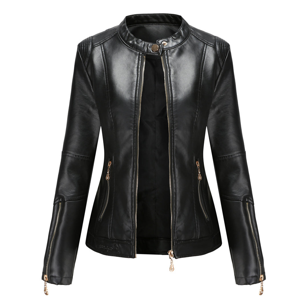 FENNA – Chaqueta de cuero elegante con cuello redondo y cierre de botones para mujer