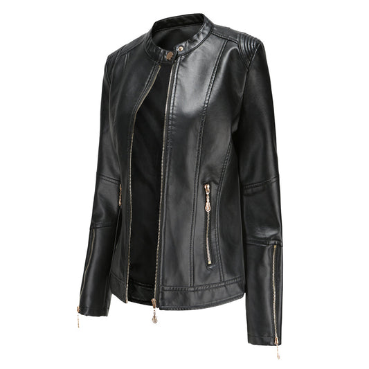 FENNA – Chaqueta de cuero elegante con cuello redondo y cierre de botones para mujer