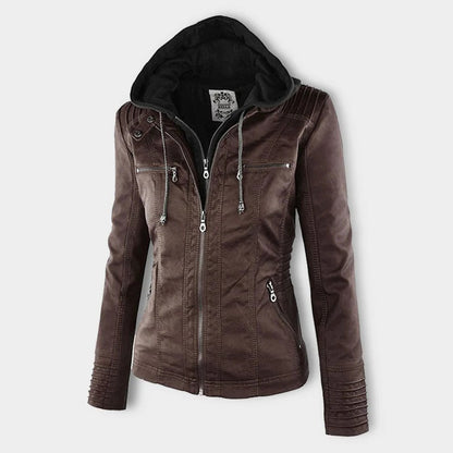 Chaqueta impermeable de imitación cuero para mujer con capucha – LEYRA