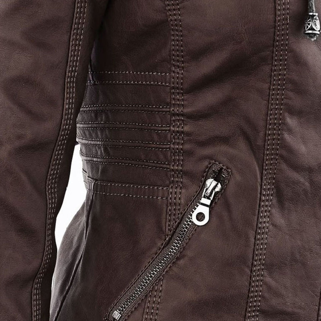 Chaqueta impermeable de imitación cuero para mujer con capucha – LEYRA