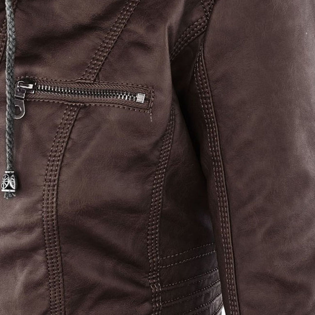 Chaqueta impermeable de imitación cuero para mujer con capucha – LEYRA