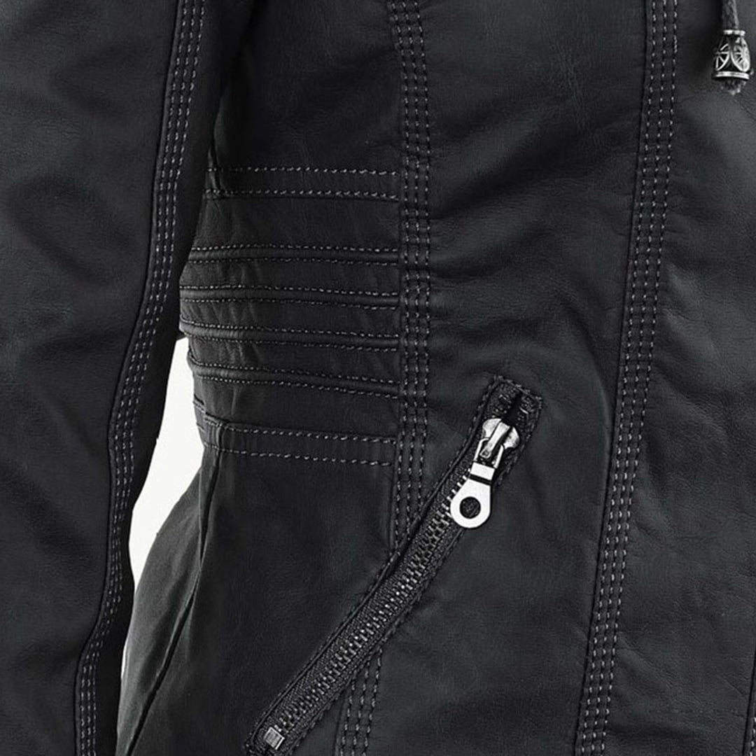 Chaqueta impermeable de imitación cuero para mujer con capucha – LEYRA