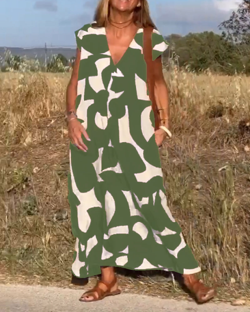 Vestido amplio con estampado gráfico y escote en V para mujer – MAËRYS