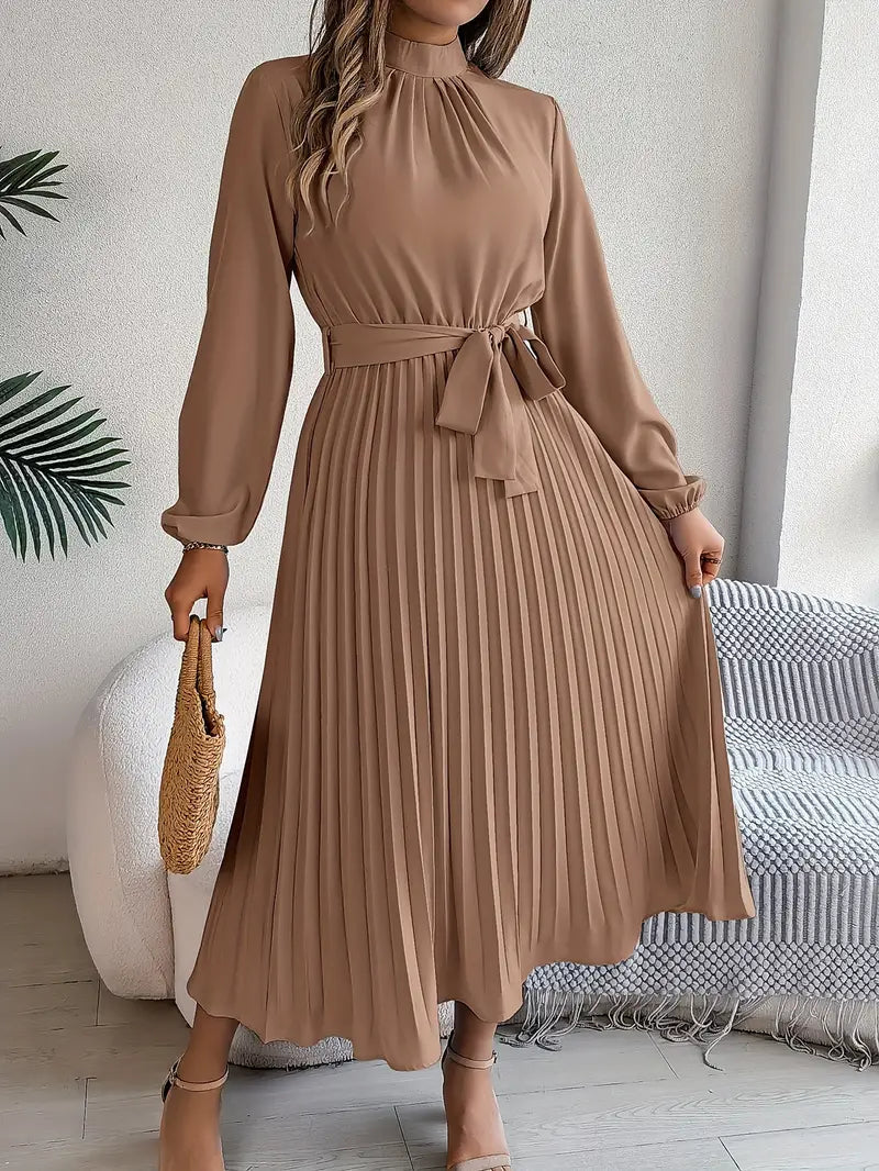 Harriet – Vestido midi plisado con mangas largas y cinturón para mujer