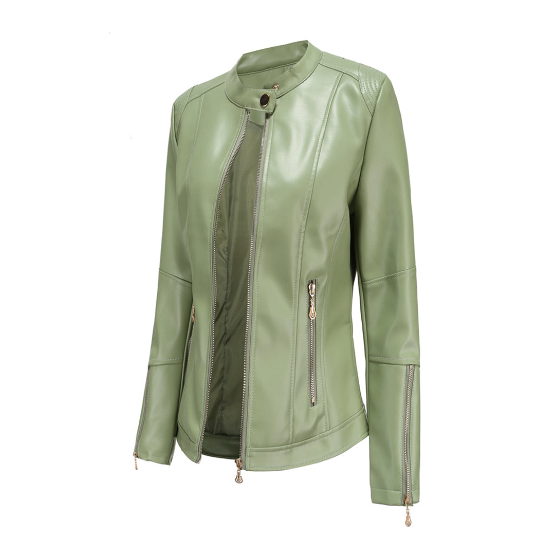 FENNA – Chaqueta de cuero elegante con cuello redondo y cierre de botones para mujer