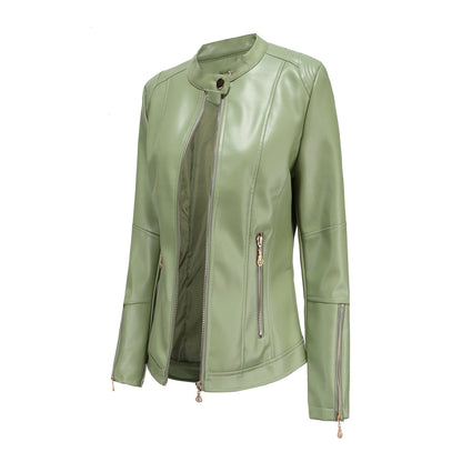 FENNA – Chaqueta de cuero elegante con cuello redondo y cierre de botones para mujer