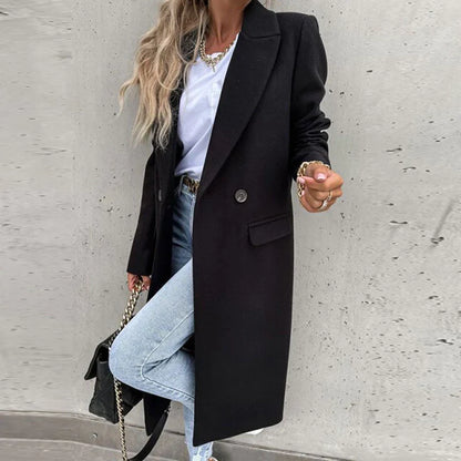 INES - Abrigo largo básico con solapa y doble botonadura para mujer