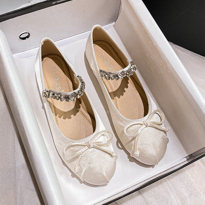 Ana - Bailarinas de Satén con Pedrería y Punta Redonda Super Suaves | Zapatos de Ballet Elegantes