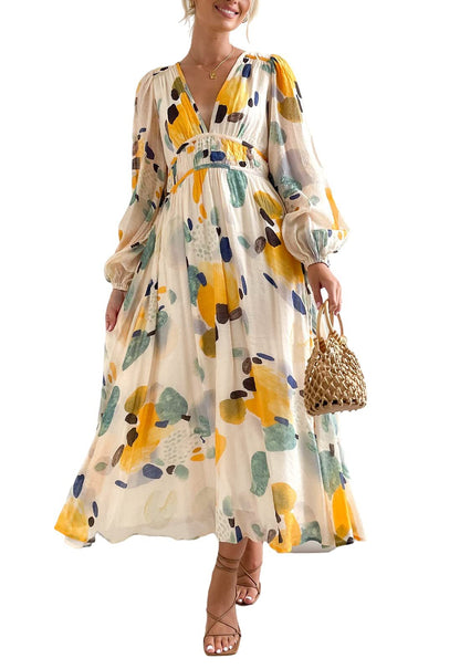 Vestido midi floral con vuelo romántico y escote cruzado – AMARELLA