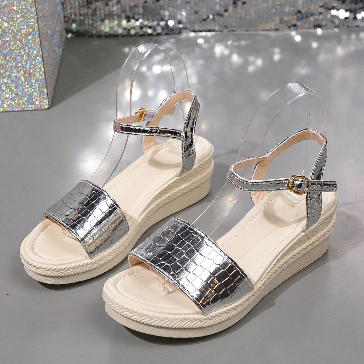 Violeta - Sandalias Doradas Plateadas de Estilo Simple con Suela Cómoda Tipo Cuña Para Mujer 2025