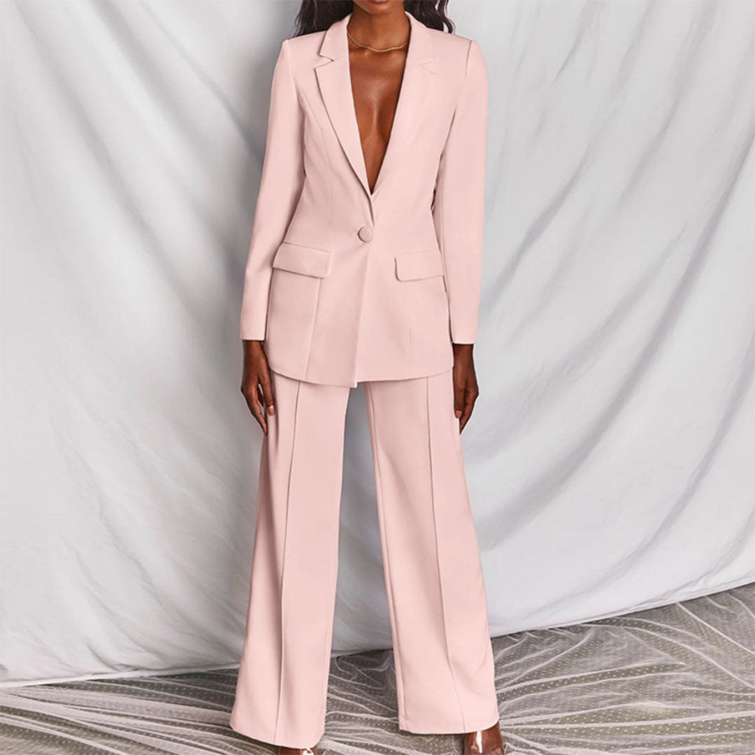 Traje chaqueta entallado para mujer con blazer y pantalón palazzo – ADRIANA