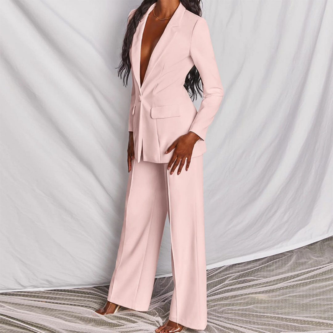 Traje chaqueta entallado para mujer con blazer y pantalón palazzo – ADRIANA