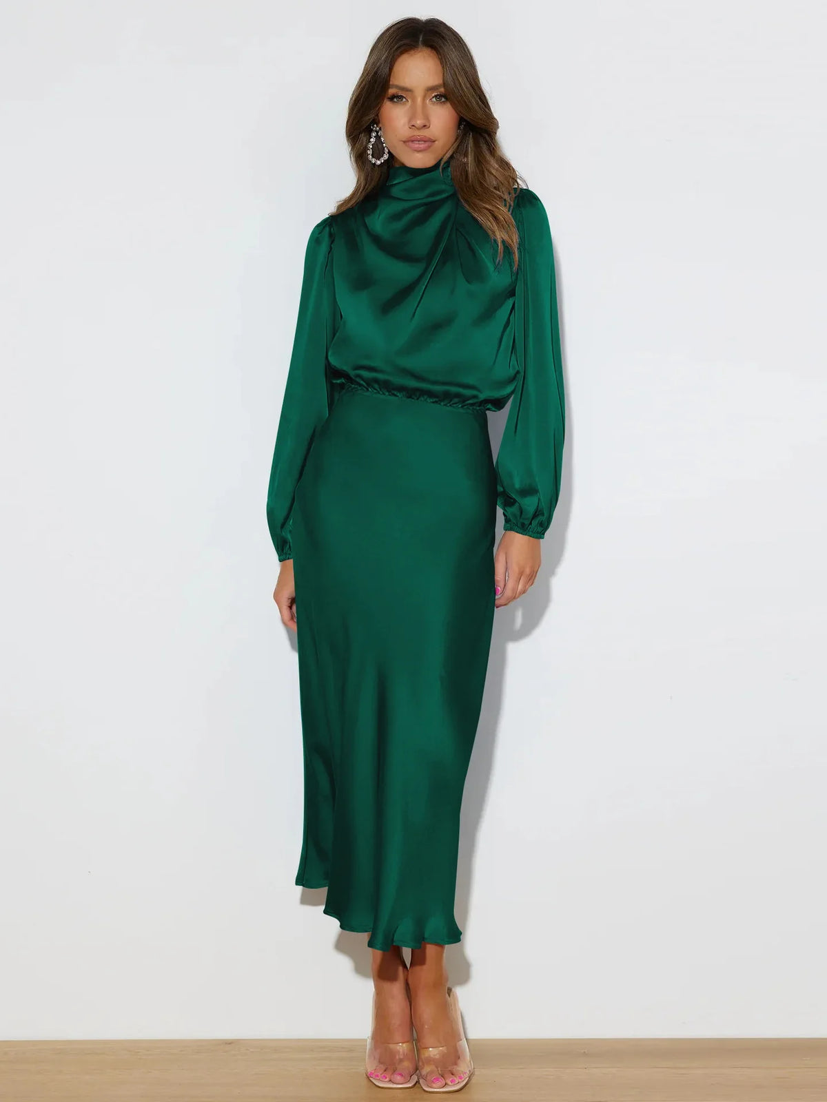 Vestido midi con cuello alto y mangas largas para mujer – VERIE