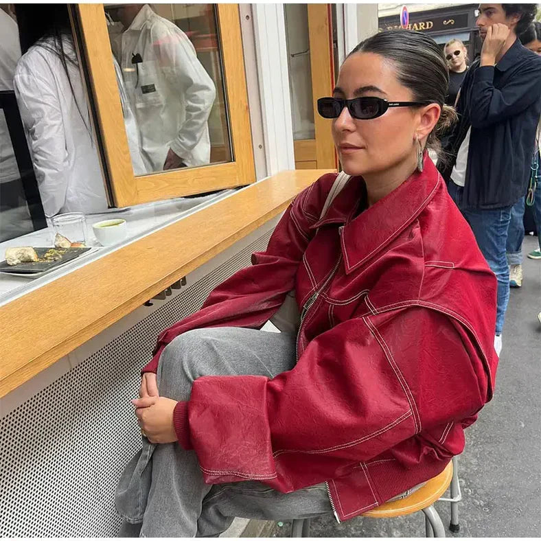 AGNES - Chaqueta bomber de cuero oversize con costuras contrastantes para mujeres