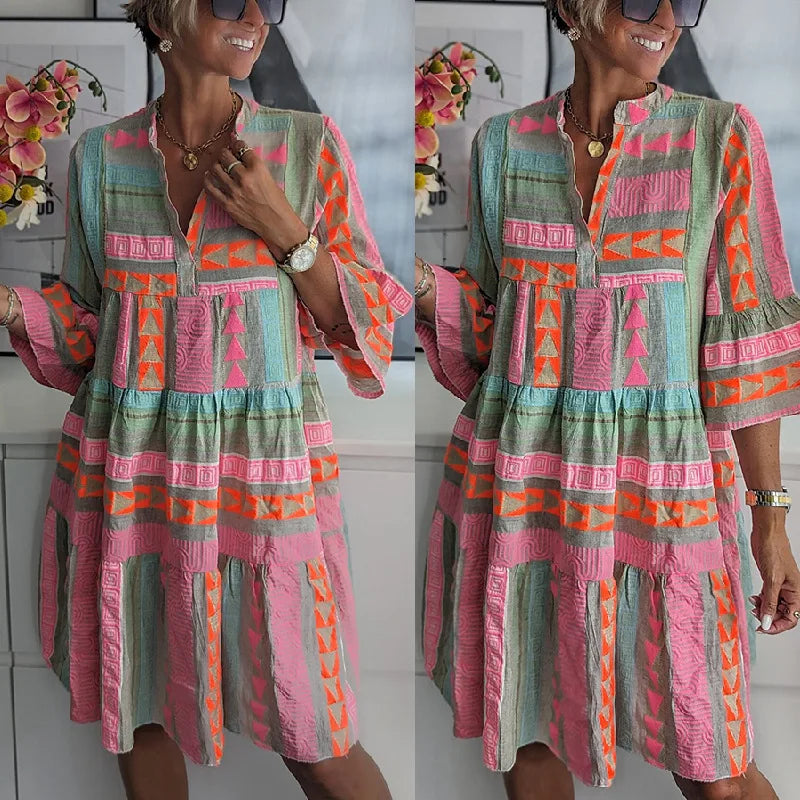 Vestido túnica bohemio con capas y estampado fluido – AYLANNA