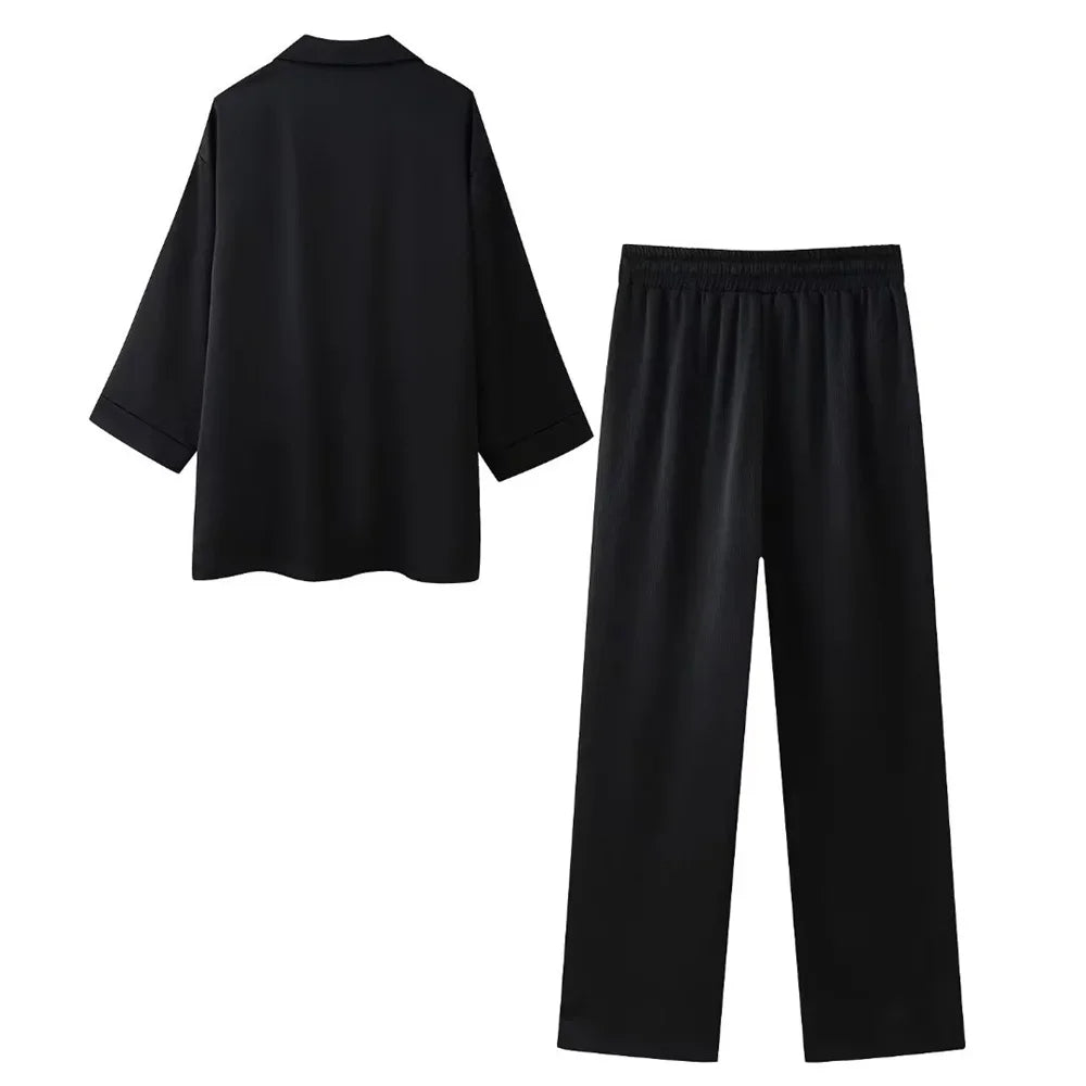 Conjunto elegante de blazer cruzada y pantalón palazzo para mujer – VÉRONIQUE