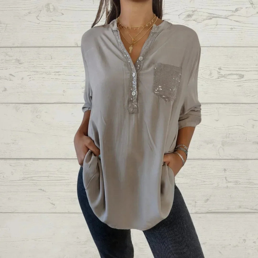 AMARA - Blusa casual con botones y detalles de lentejuelas para mujer
