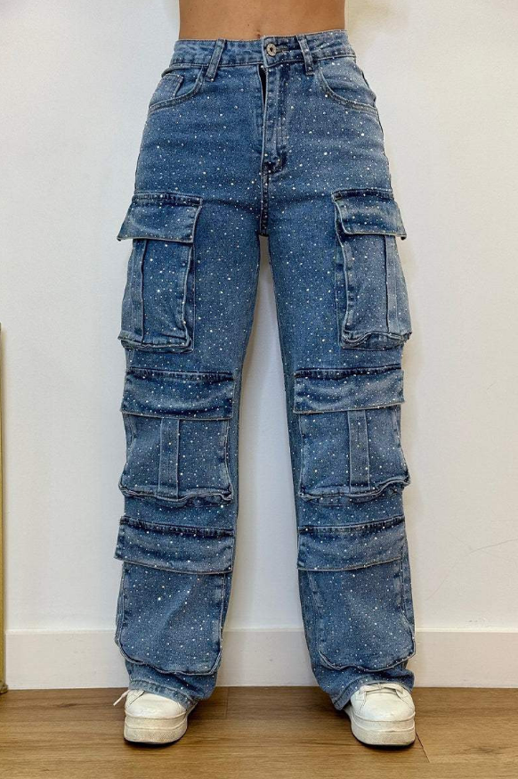 Pantalón cargo para mujer con efecto brillante y bolsillos – ROXIE