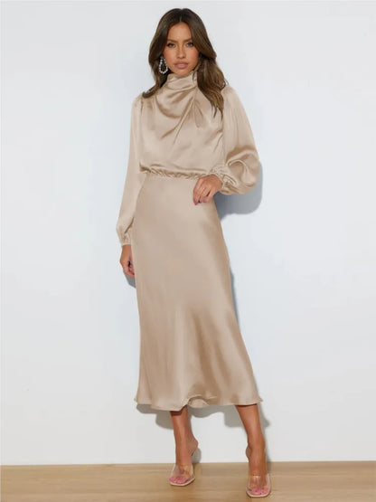 Vestido midi con cuello alto y mangas largas para mujer – VERIE